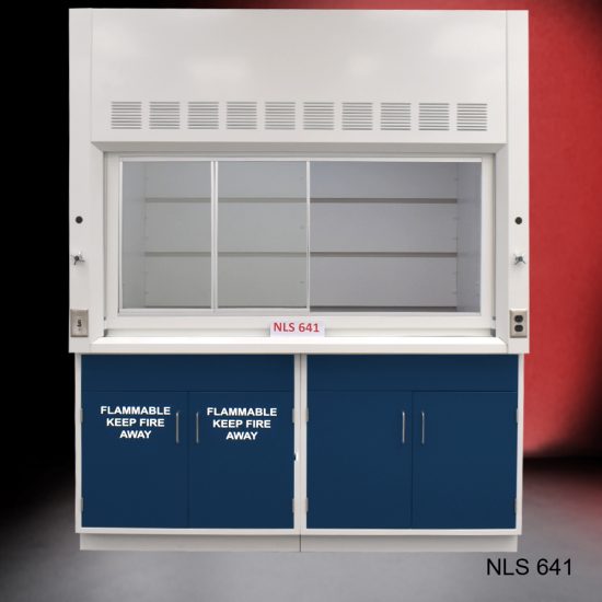 Front view of Fisher American 6'x4' Fume Hood with General and Flammable Storage. "Flammable Keep Fire Away" text is on cabinet doors.