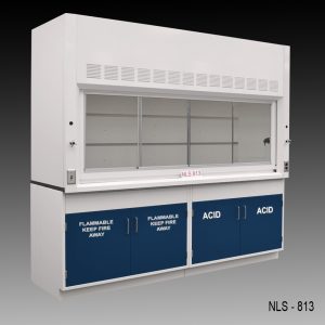 Front view of an 8 foot Fisher American fume hood with acid and flammable cabinets