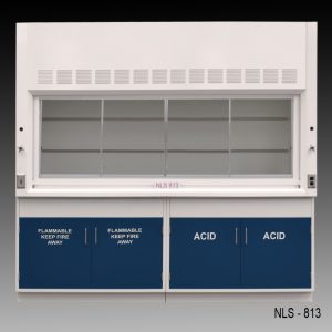 Front view of an 8 foot Fisher American fume hood with acid and flammable cabinets and one light on/off switch, one AC power plug
