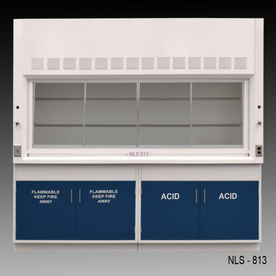 Front view of an 8 foot Fisher American fume hood with acid and flammable cabinets and one light on/off switch, one AC power plug