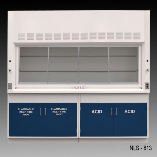 Front view of an 8 foot Fisher American fume hood with acid and flammable cabinets and one light on/off switch, one AC power plug