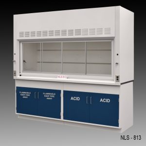 Front view of an 8 foot Fisher American fume hood with acid and flammable cabinets and 1 light on/off switch, 1 AC power plug