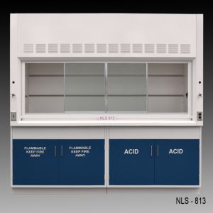 Front view of an 8 foot Fisher American fume hood with acid and flammable cabinets and one cold water valve, one gas valve