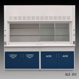 Front view of an 8 foot Fisher American fume hood with acid and flammable cabinets and 1 cold water valve, 1 gas valve