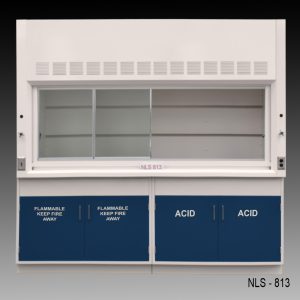 Front view of an 8 foot Fisher American fume hood with one acid cabinet and one flammable cabinet
