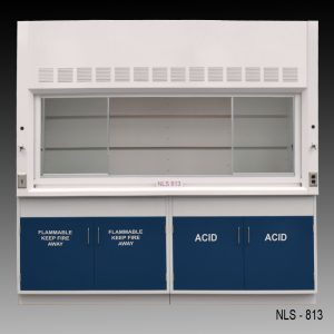 Front view of an 8 foot Fisher American fume hood with one vertical sliding sash door with four horizontal sliding glass windows