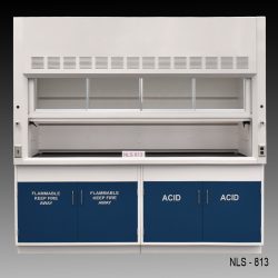 Front view of an 8 foot Fisher American fume hood with 1 acid cabinet and 1 flammable cabinet