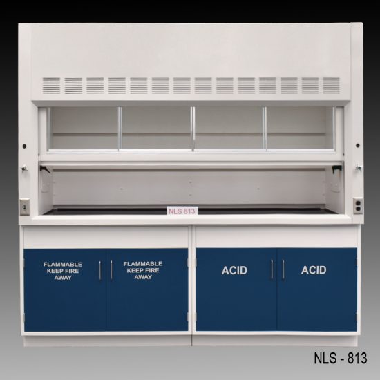 Front view of an 8 foot Fisher American fume hood with 1 acid cabinet and 1 flammable cabinet