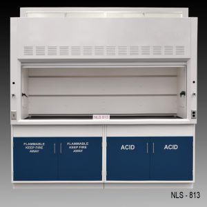 Front view of an 8 foot Fisher American fume hood with 1 vertical sliding sash door with 4 horizontal sliding glass windows