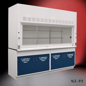 Front view of an 8 foot Fisher American fume hood with two flammable cabinets, one light on/off switch, one AC power plug