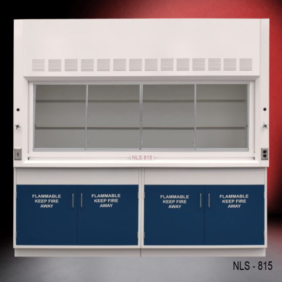 Front view of an 8 foot Fisher American fume hood with two flammable cabinets, one light on/off switch, one AC power plug