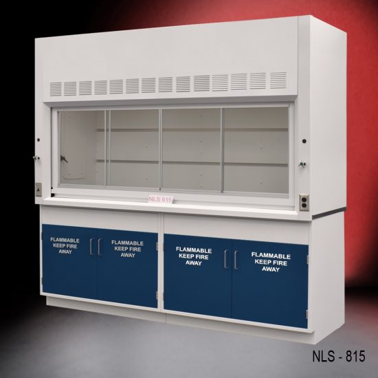Front view of an 8 foot Fisher American fume hood with 2 flammable cabinets, 1 light on/off switch, 1 AC power plug