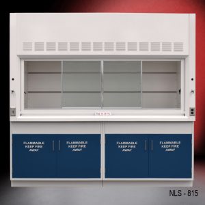 Front view of an 8 ft Fisher American fume hood with two flammable cabinets, one light on/off switch, one AC power plug
