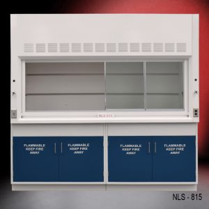 Front view of an 8 ft Fisher American fume hood with 2 flammable cabinets, 1 light on/off switch, 1 AC power plug