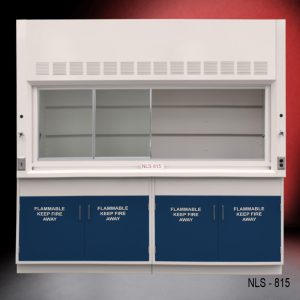 Front view of an 8 foot Fisher American fume hood with two flammable cabinets, one cold water valve, one gas valve