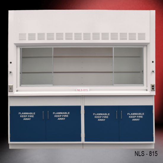 Front view of an 8 foot Fisher American fume hood with 2 flammable cabinets, 1 cold water valve, 1 gas valve