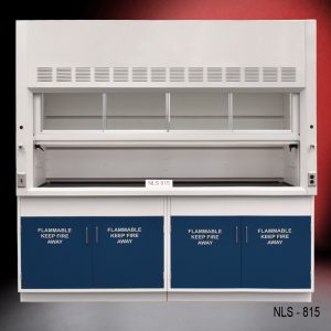 Front view of an 8 foot Fisher American fume hood with one vertical sliding sash door that has four horizontal sliding glass windows