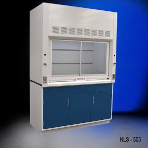 Front Slight Angle Full View 5' Fisher American Fume Hood w/ Blue General Storage