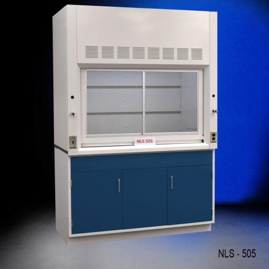 Front Right Angle 5' Fisher American Fume Hood w/ Blue General Storage