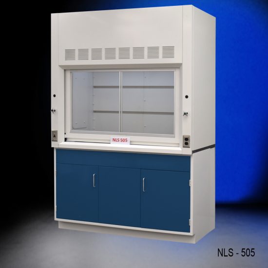Front Slight Angle 5' Fisher American Fume Hood w/ Blue General Storage