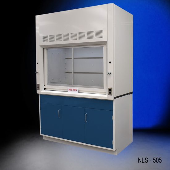 Front Angled 5' Fisher American Fume Hood w/ Blue General Storage