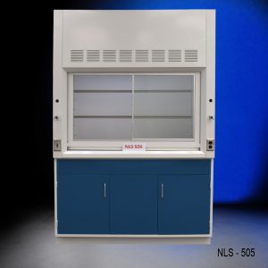 5' Fisher American Fume Hood w/ Blue General Storage front closed view 2