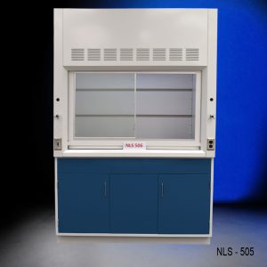 5' Fisher American Fume Hood w/ Blue General Storage front closed
