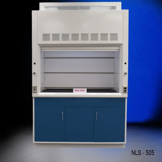 Inside Front 5' Fisher American Fume Hood w/ Blue General Storage