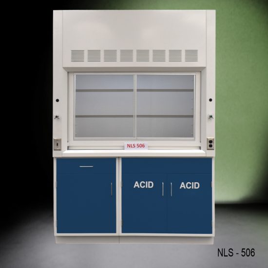 5' Fisher American Fume Hood w/ Blue ACID Storage front closed