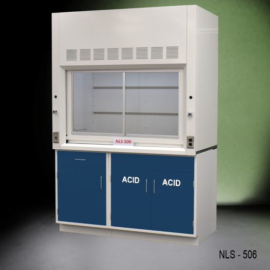 5' Fisher American Fume Hood w/ Blue ACID Storage angle