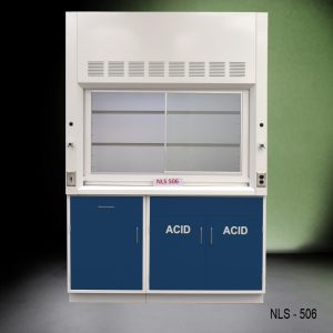 5' Fisher American Fume Hood w/ Blue ACID Storage front closed view 2