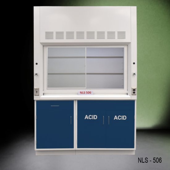 5' Fisher American Fume Hood w/ Blue ACID Storage front closed