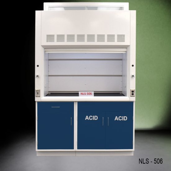 5' Fisher American Fume Hood w/ Blue ACID Storage front open