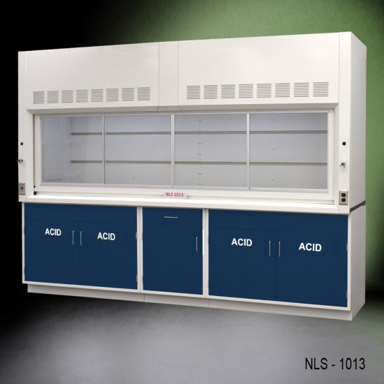 Full Wide light front corner View of 10' Fisher American Fume Hood w/ Blue ACID Storage Cabinets