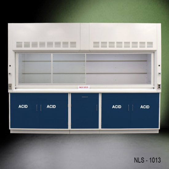 Full Wide View of 10' Fisher American Fume Hood w/ Blue ACID Storage Cabinets with fume doors open the right side