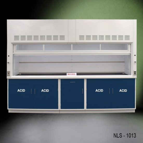 Full Wide View of 10' Fisher American Fume Hood w/ Blue ACID Storage Cabinets