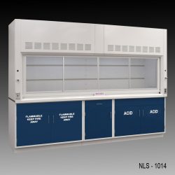Full left corner wide Front view of 10' Fisher American Fume Hood w/ Blue ACID and Flammable Storage with fume