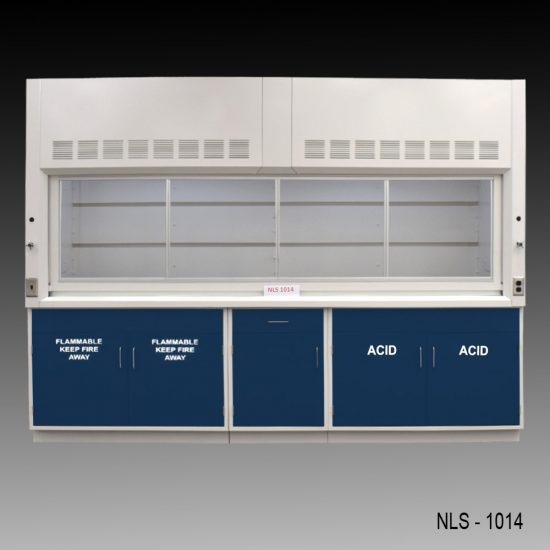 Full wide Front view of 10' Fisher American Fume Hood w/ Blue ACID & Flammable Storage with fume