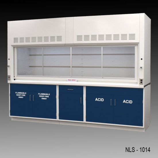 Full wide right corner Front view of 10' Fisher American Fume Hood w/ ACID & Flammable Storage with fume