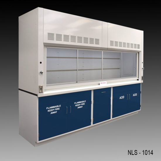 Full wide left corner Front view of 10' Fisher American Fume Hood w/ ACID & Flammable Storage with fume