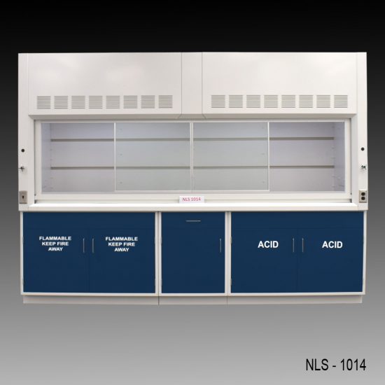 Full Front view of 10' Fisher American Fume Hood w/ ACID & Flammable Storage with fume doors in the middle
