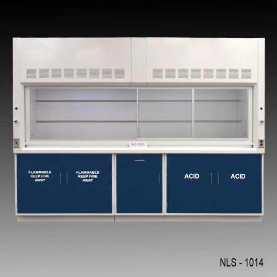 Full Front view of 10' Fisher American Fume Hood w/ ACID & Flammable Storage with fume doors to the right side