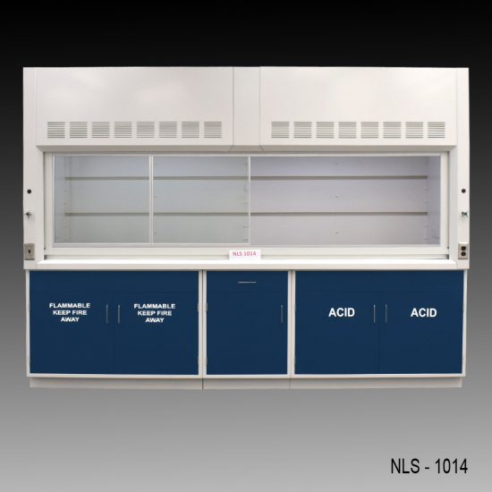 Full Front view of 10' Fisher American Fume Hood w/ ACID & Flammable Storage with fume doors to the left side