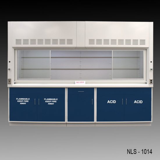 Full Front view of 10' Fisher American Fume Hood w/ ACID & Flammable Storage with fume doors open to the sides