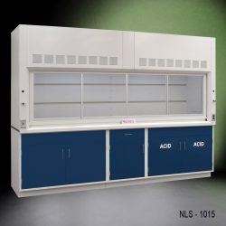Full left Front right corner view of 10' Fisher American Fume Hood w/ Blue ACID & General Storage