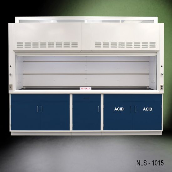 Full Front view of 10' Fisher American Fume Hood w/ ACID & General Storage