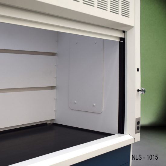 Right back inside corner view of 10' Fisher American Fume Hood w/ ACID & General Storage