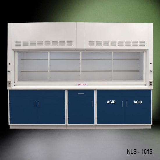 Full Front right corner view of 10' Fisher American Fume Hood w/ Blue ACID & General Storage