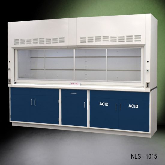 Full Front right corner view of 10' Fisher American Fume Hood w/ ACID & General Storage