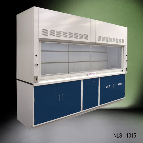 Full Front left corner view of 10' Fisher American Fume Hood w/ ACID & General Storage